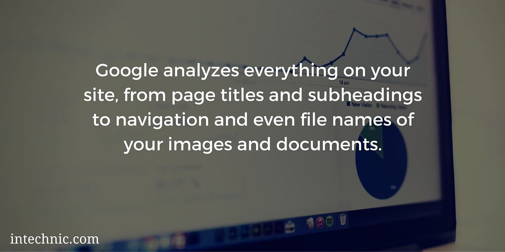 Google analyzes everything on your site, from page titles and subheadings to navigation and even file names of your images and documents