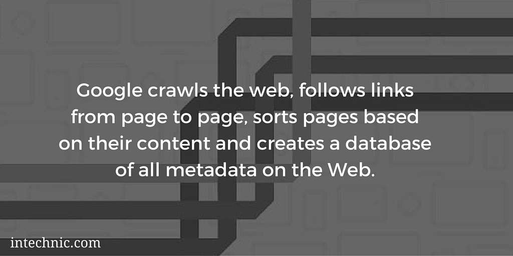 Google crawls the web, follows links from page to page, sorts pages based on their content and creates a database of all metadata on the Web