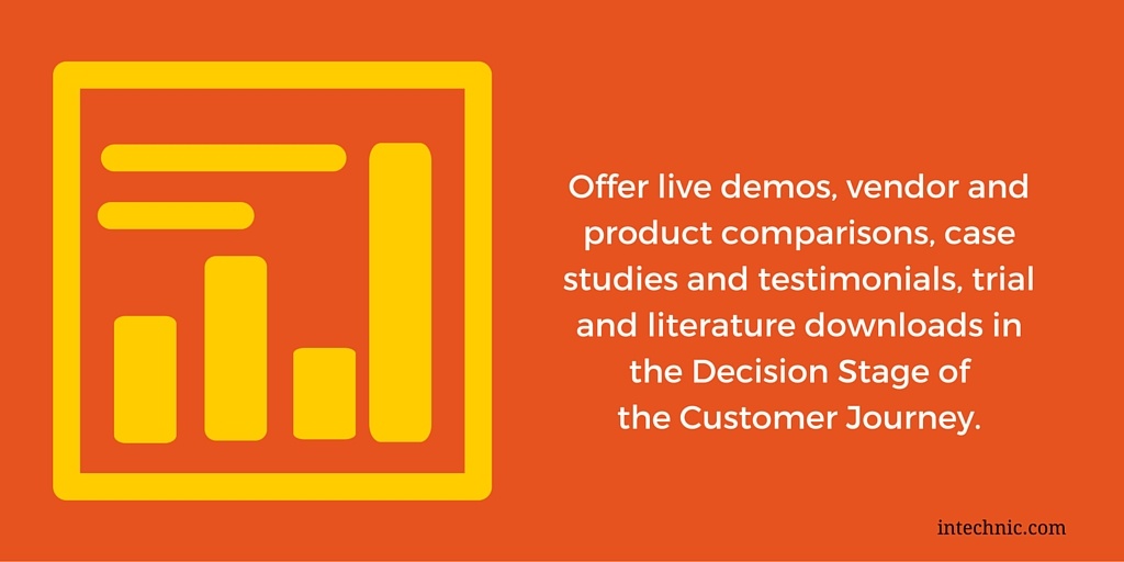 Offer live demos, vendor and product comparisons, case studies and testimonials, trial and literature downloads in the Decision Stage of the Customer Journey
