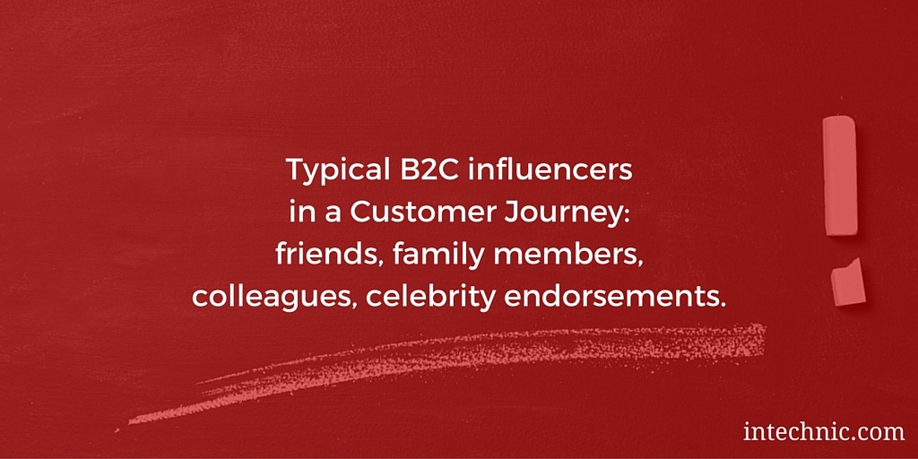Typical B2C influencers in a Customer Journey - friends, family, colleagues, celebrity endorsements Typical B2C influencers in a Customer Journey - friends, family, colleagues, celebrity endorsements