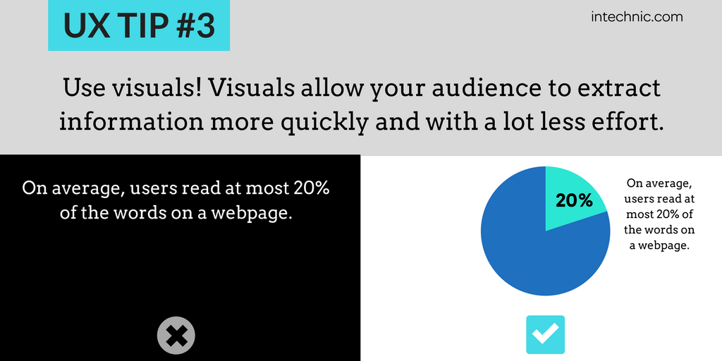 Use visuals - Visuals allow your audience to extract information more quickly and with a lot less effort
